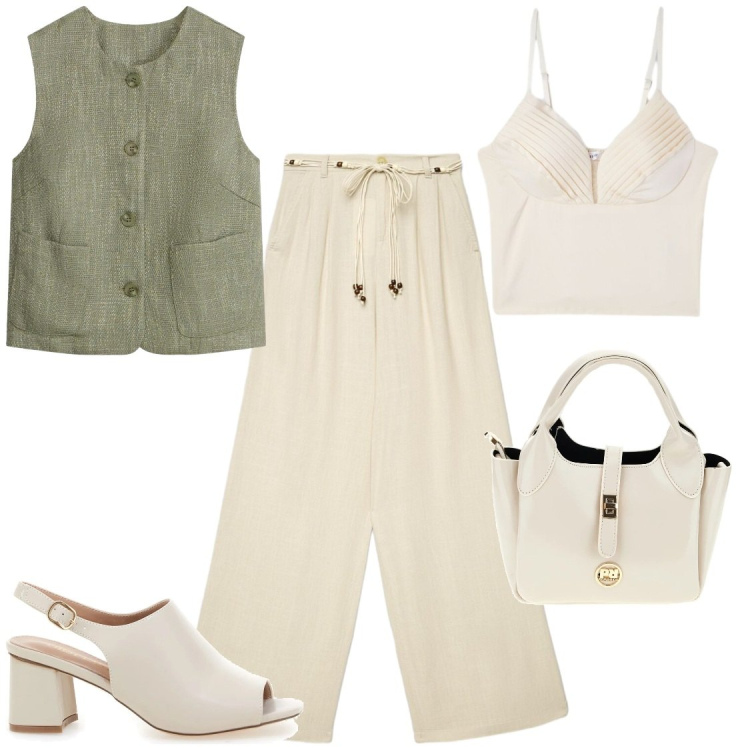 Outfit donna - L\'amica originale a lavoro. Stile Glamour per Ufficio. Abbinamento con gilet, pantaloni, canottiere, sandali col tacco, borse a mano.