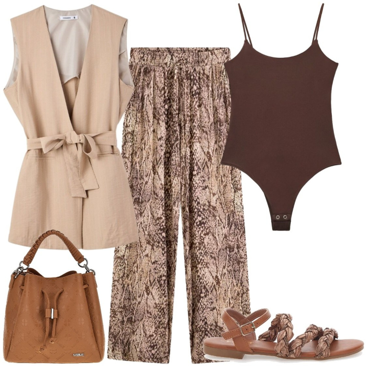Outfit donna - Mettiamoci a lavoro. Stile Chic per Ufficio. Abbinamento con pantaloni, gilet, top, sandali, borse a tracolla.
