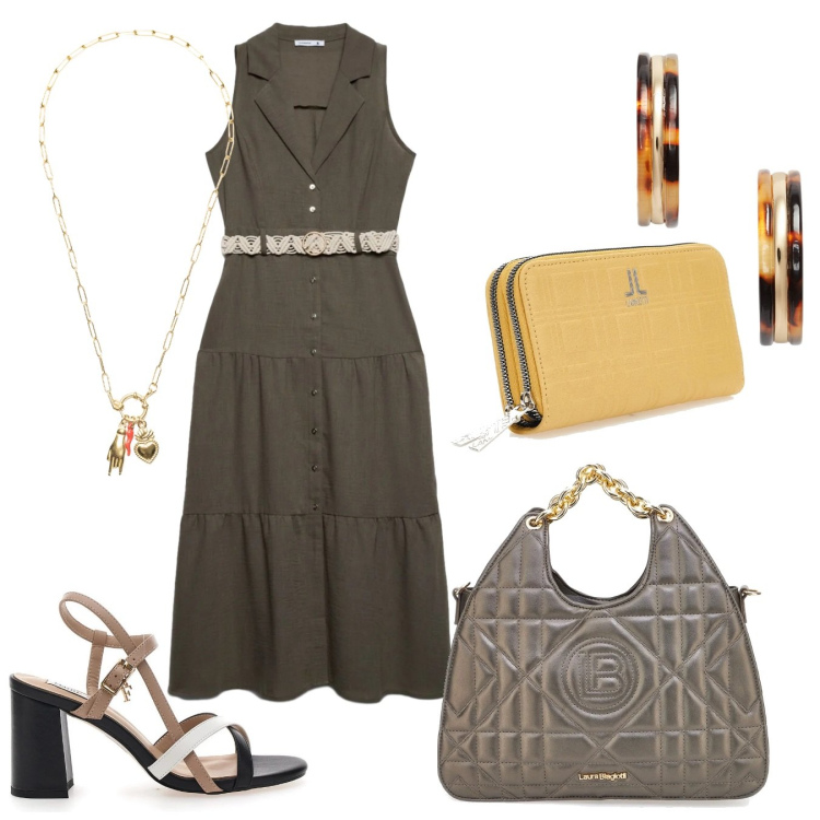 Outfit donna - Totalmente comoda. Stile Casual chic per Tutti i giorni. Abbinamento con vestiti chemisier, ciondoli, orecchini, sandali col tacco, portafogli, borse a mano.