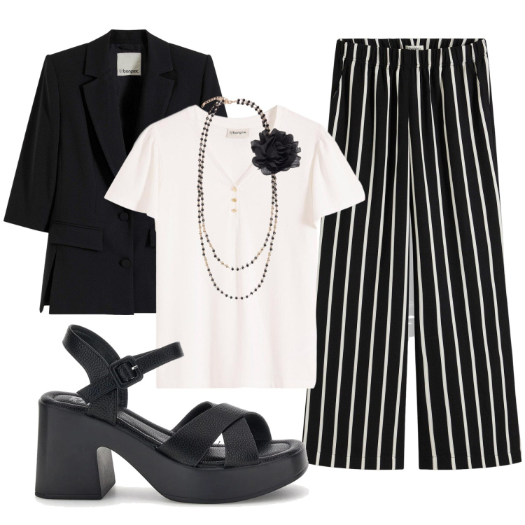 Outfit donna - Film in bianco e nero. Stile Minimal per Ufficio. Abbinamento con pantaloni, t-shirt, blazer, collane, sandali col tacco.
