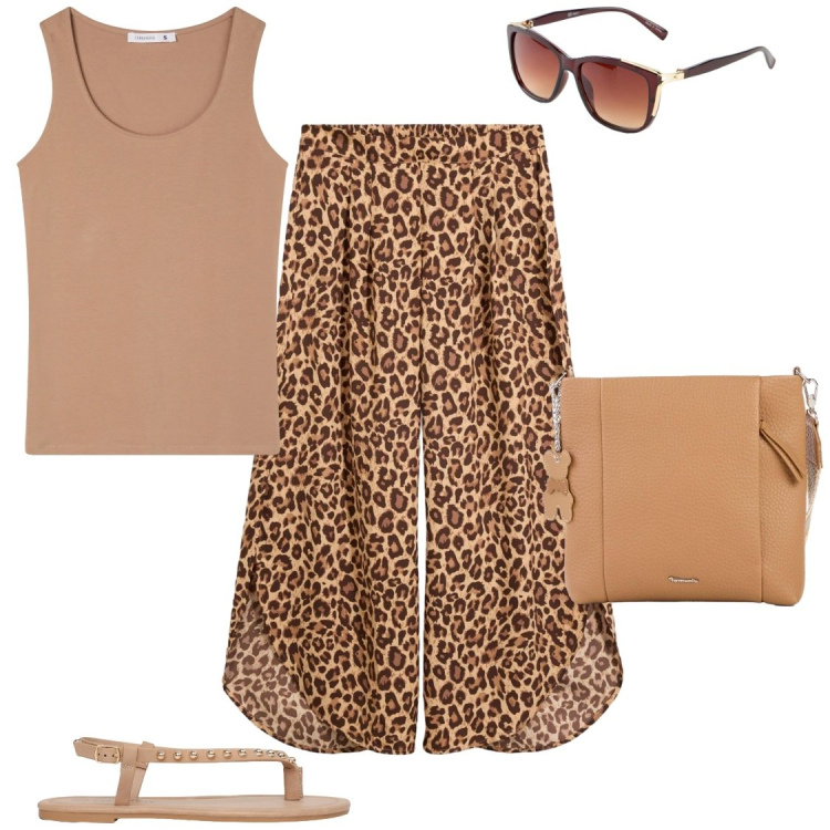 Outfit donna - Tutto il giorno? Ok. Stile Chic per Tutti i giorni. Abbinamento con occhiali da sole, borse a tracolla, pantaloni a palazzo, top, ciabatte.