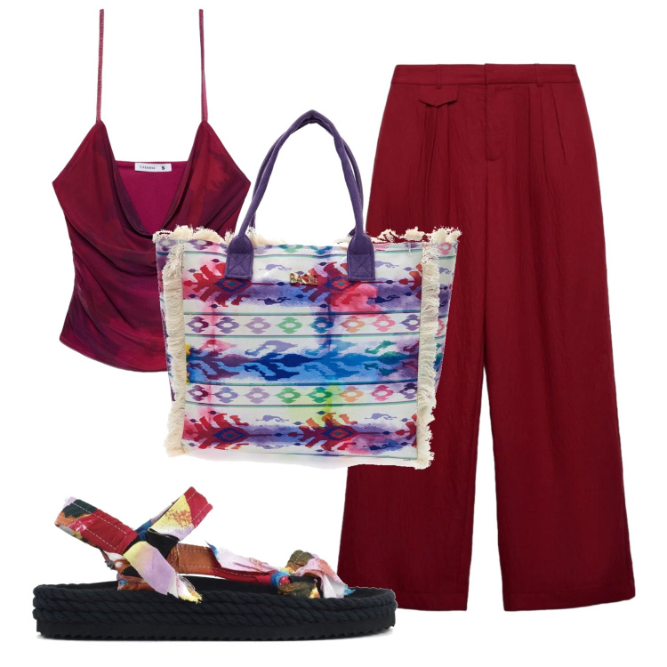 Outfit donna - Total look #2415095. Stile Glamour per Tutti i giorni. Abbinamento con pantaloni, top, sandali, shopping bag.