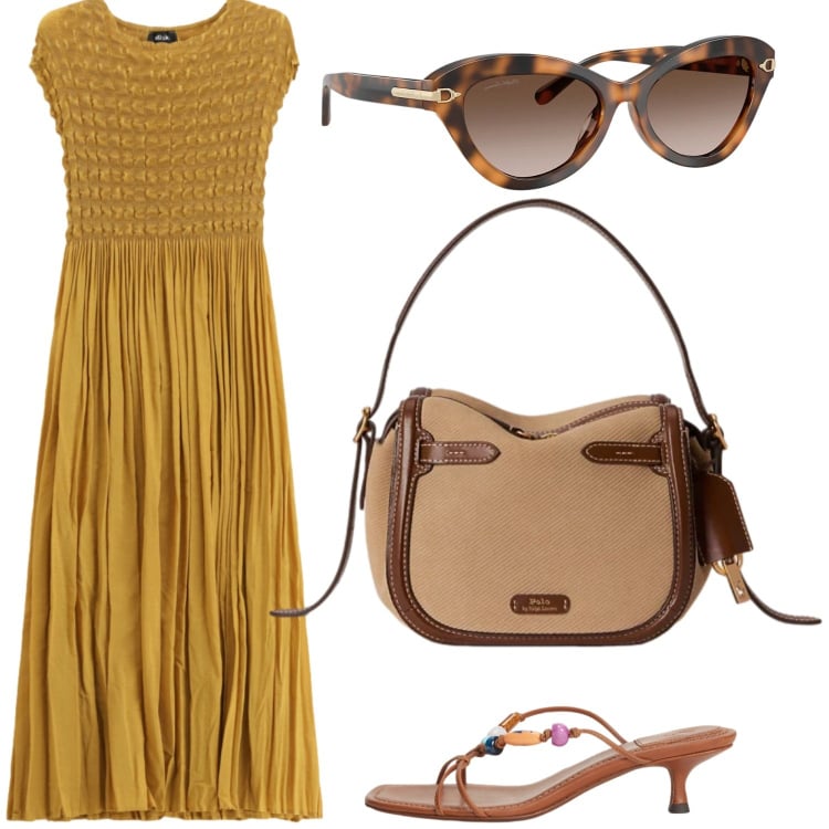 Outfit donna - Raggio di sole. Stile Chic per Serata fuori. Abbinamento con vestiti lunghi, borse a mano, occhiali da sole, sandali gioiello.