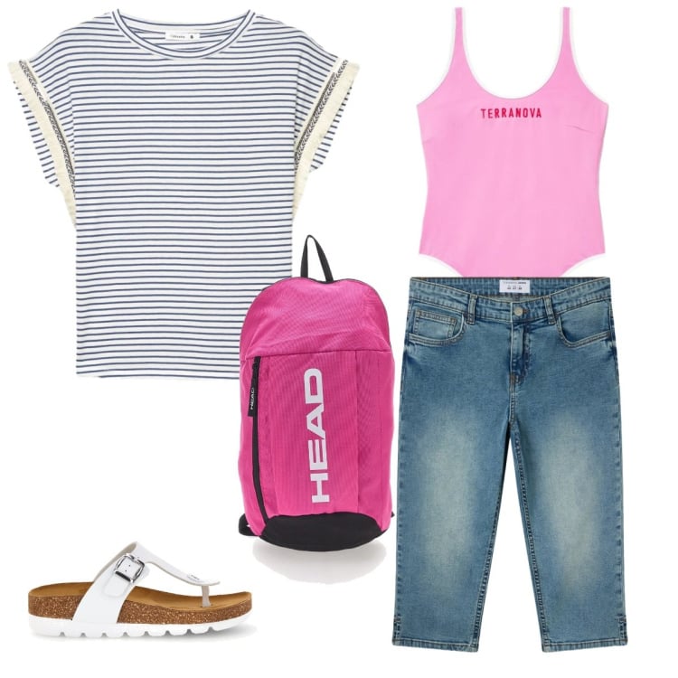 Outfit donna - Abbigliamento mare low cost. Stile Urban per Mare. Abbinamento con bermuda, t-shirt, costumi interi, infradito, borse sportive.
