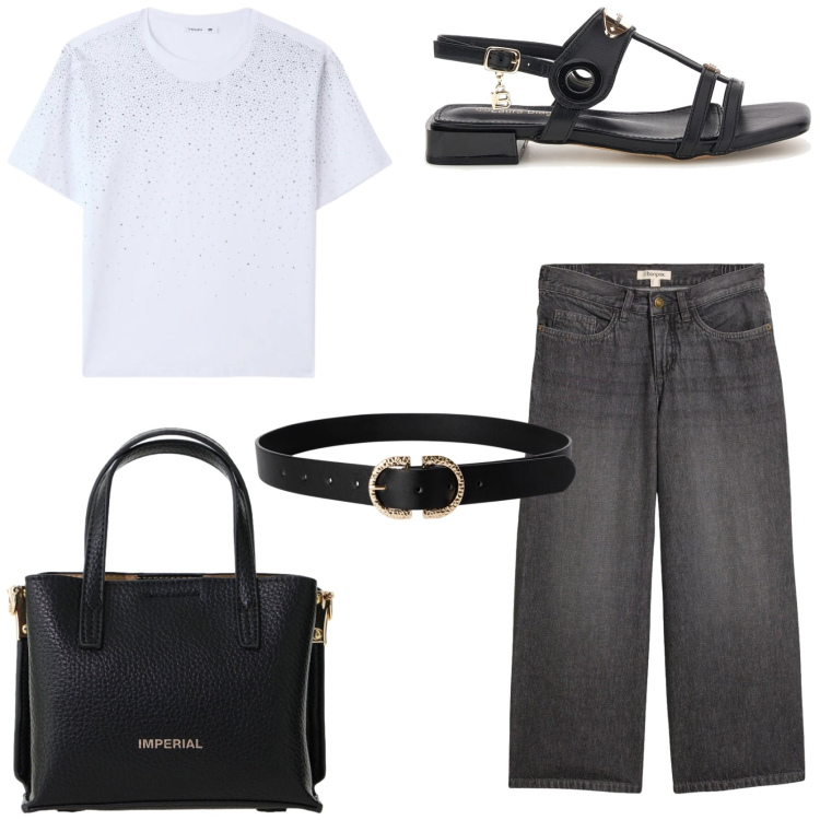 Outfit donna - La t-shirt diventa sofisticata. Stile Casual chic per Tutti i giorni. Abbinamento con jeans, t-shirt, cinture, borse a tracolla, sandali col tacco.