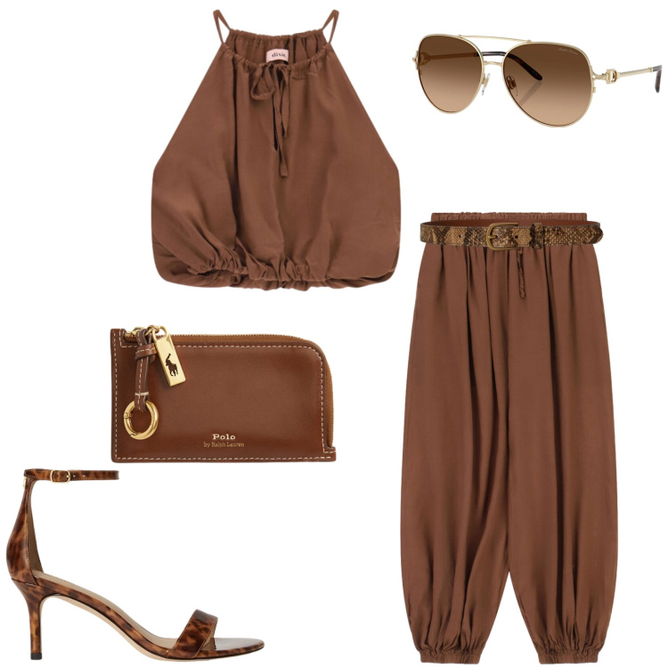Outfit donna - Less Straps. Stile Casual chic per Serata fuori. Abbinamento con pantaloni a palazzo, top, occhiali da sole, portafogli, sandali in pelle, cinture.