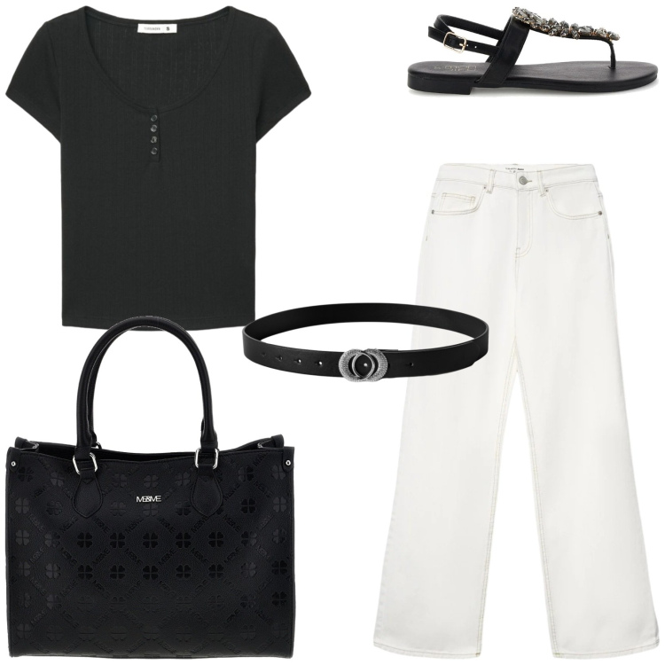 Outfit donna - Minimal chic. Stile Minimal per Tutti i giorni. Abbinamento con jeans, t-shirt, cinture, borse a tracolla, sandali gioiello.