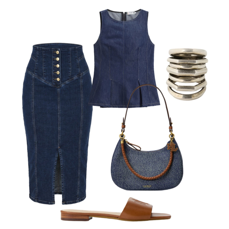 Outfit donna - Total denim. Stile Trendy per Tutti i giorni. Abbinamento con gonne longuette, top, ciabatte, anelli, borse a spalla.