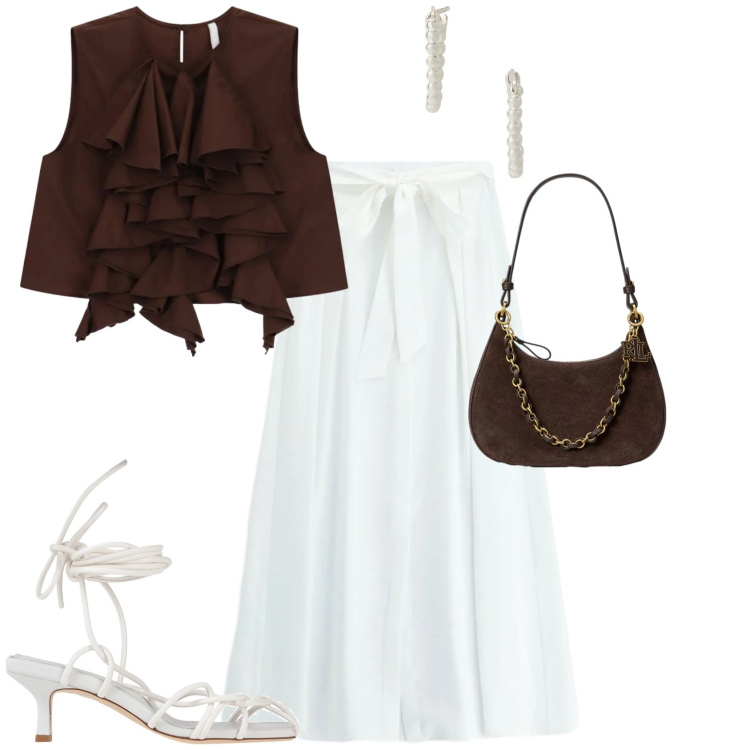 Outfit donna - Chic ufficio tempo libero. Stile Chic per Tutti i giorni. Abbinamento con sandali col tacco, canottiere, gonne lunghe, orecchini, borse a spalla.