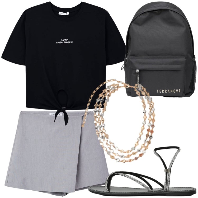 Outfit donna - Caffè al mattino. Stile Minimal per Tutti i giorni. Abbinamento con t-shirt, gonne, zaini, sandali, collane.