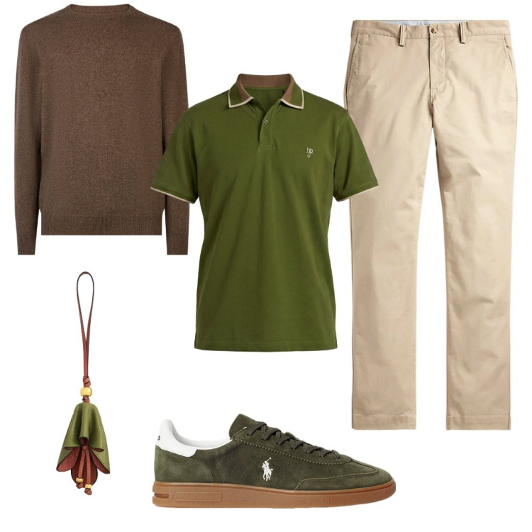 Outfit uomo - G. Colline marchigiane. Stile Casual per Ufficio. Abbinamento con polo, maglieria, pantaloni, sneakers, ciondoli.