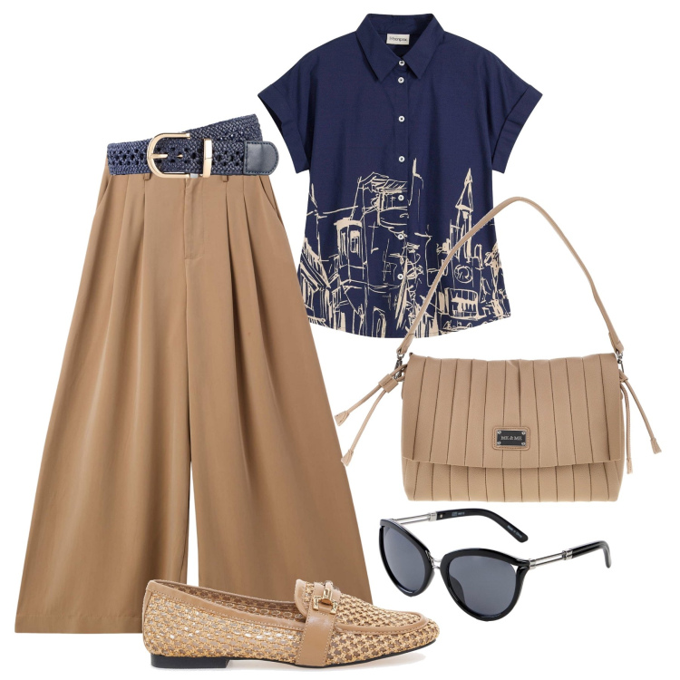 Outfit donna - Giugno al lavoro. Stile Glamour per Ufficio. Abbinamento con camicie a manica corta, cinture, occhiali da sole, pantaloni, mocassini, pochette.