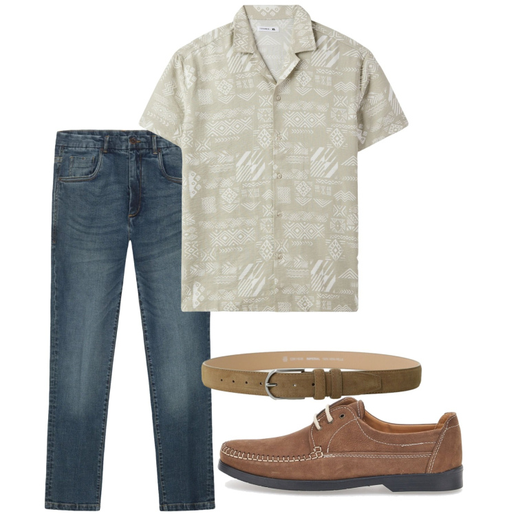Outfit uomo - Giugno. Stile Casual per Tutti i giorni. Abbinamento con camicie a manica corta, cinture, jeans, scarpe stringate.