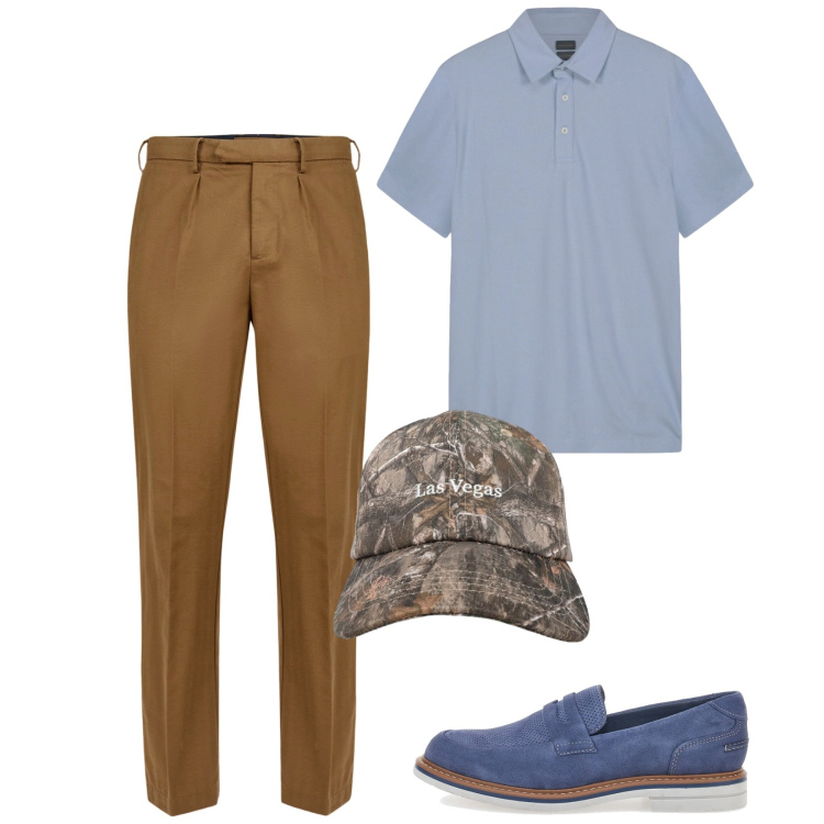 Outfit uomo - Giugno. Stile Casual per Tutti i giorni. Abbinamento con cappelli con visiera, pantaloni, polo, scarpe stringate.