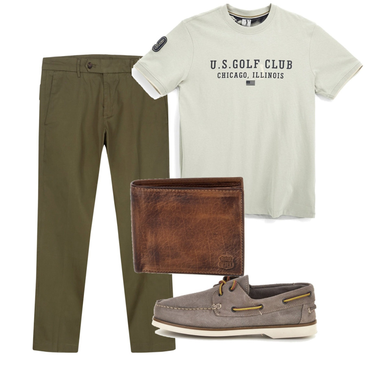 Outfit uomo - Giugno. Stile Casual per Tutti i giorni. Abbinamento con pantaloni chino, scarpe stringate, portafogli, t-shirt.