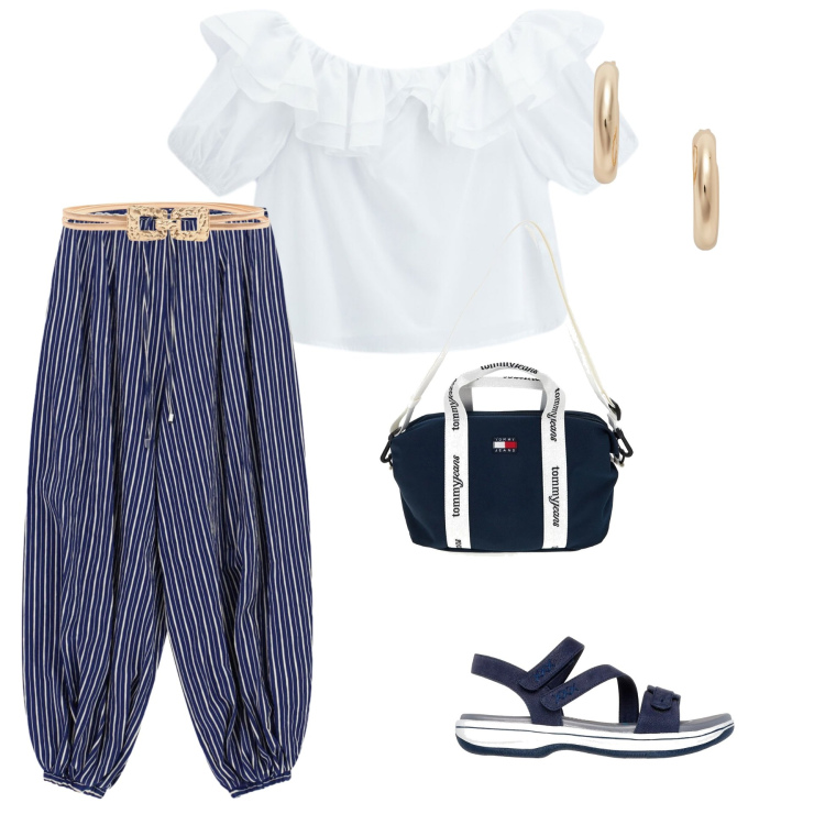 Outfit donna - Blu navy. Stile Romantica per Tutti i giorni. Abbinamento con cinture, bluse, pantaloni a palazzo, orecchini, sandali, shopping bag.