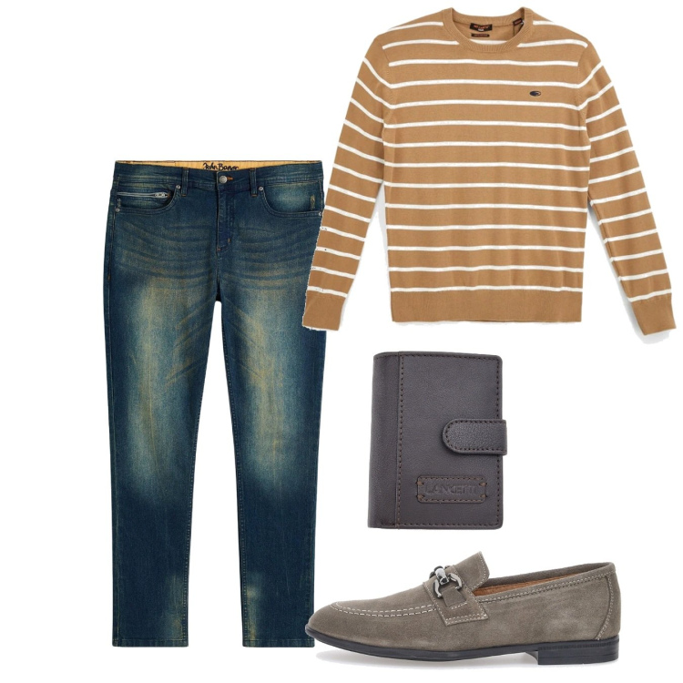 Outfit uomo - Giugno. Stile Casual per Tutti i giorni. Abbinamento con jeans slim fit, scarpe stringate, pullovers, portafogli.