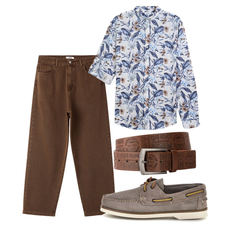 Outfit uomo - Una camicia a fiori. Stile Casual per Tutti i giorni. Abbinamento con cinture, camicie, pantaloni, scarpe stringate.
