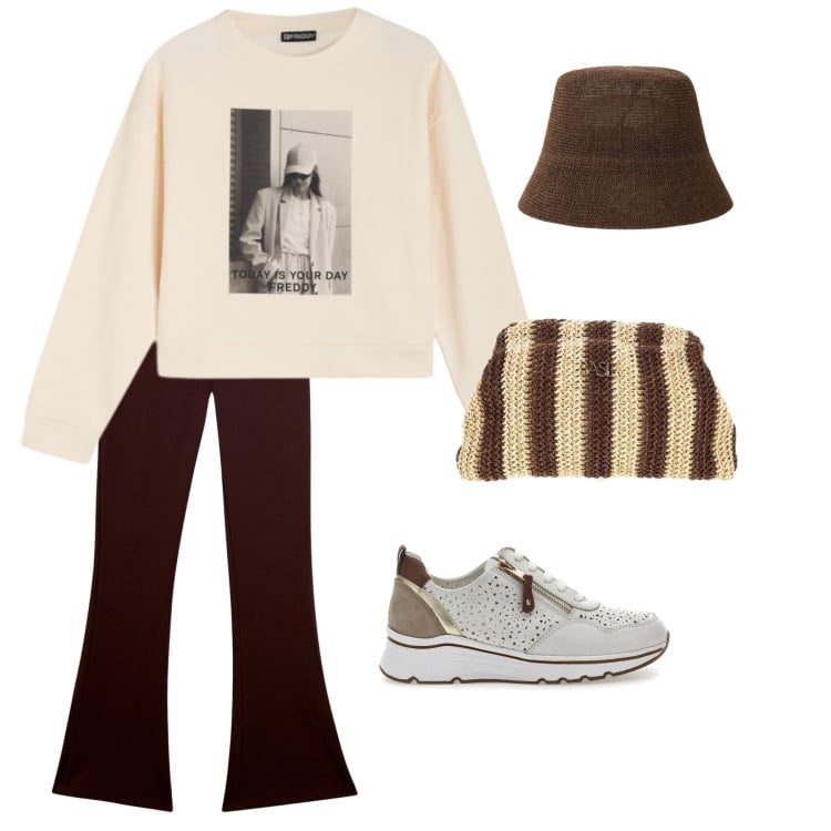Outfit donna - Toni della Terra. Stile Casual per Tutti i giorni. Abbinamento con cappelli, pantaloni, felpe, sneakers, pochette.