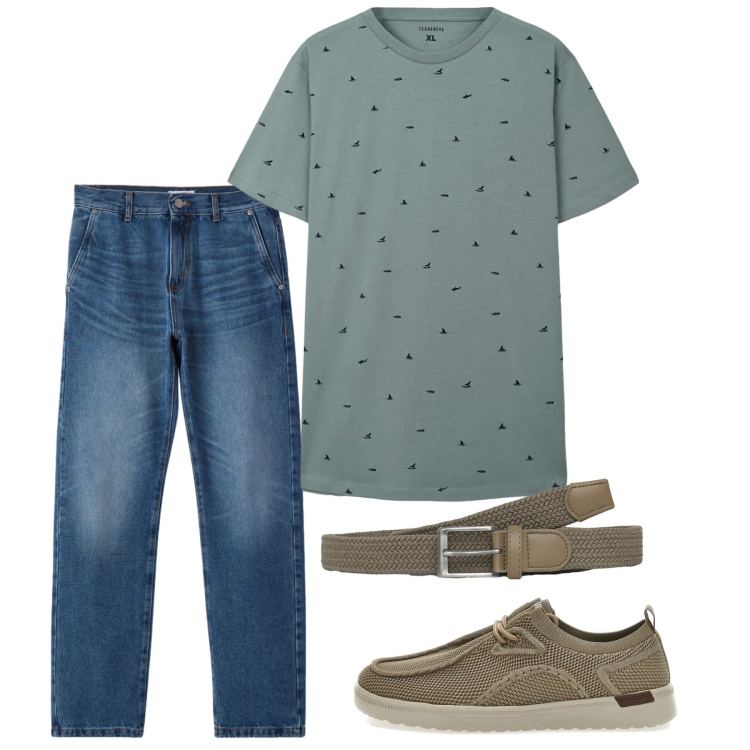 Outfit uomo - Giugno. Stile Casual per Tutti i giorni. Abbinamento con t-shirt, cinture, jeans dritti, scarpe stringate.