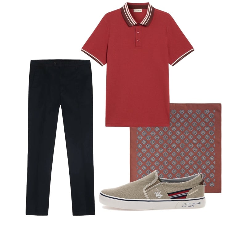 Outfit uomo - Giugno. Stile Casual per Tutti i giorni. Abbinamento con polo, sciarpe e foulard, pantaloni, scarpe stringate.