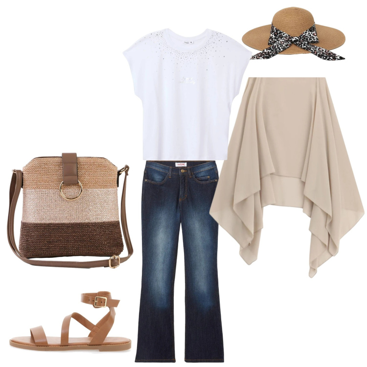 Outfit donna - Comodità e chich. Stile Casual chic per Serata fuori. Abbinamento con jeans bootcut, borse a tracolla, t-shirt, cappelli, cappe, sandali in pelle.