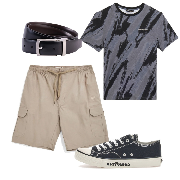 Outfit uomo - Giugno. Stile Casual per Tutti i giorni. Abbinamento con t-shirt, cinture, sneakers, bermuda.