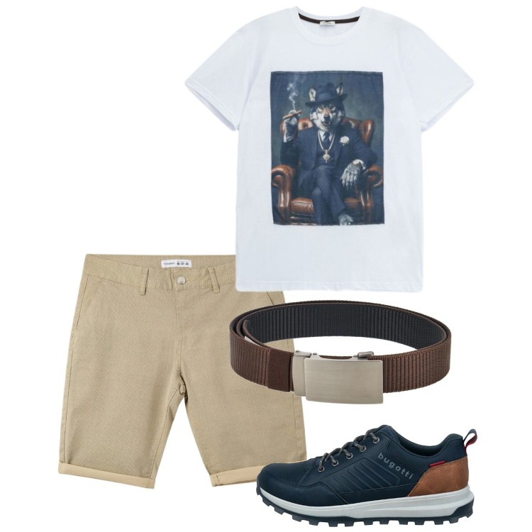 Outfit uomo - Giugno. Stile Casual per Tutti i giorni. Abbinamento con pantaloni corti, t-shirt, sneakers, cinture.