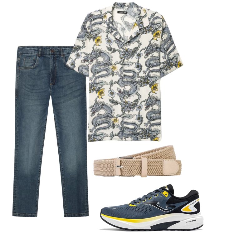 Outfit uomo - Giugno. Stile Casual per Tutti i giorni. Abbinamento con cinture, camicie a manica corta, jeans, sneakers.