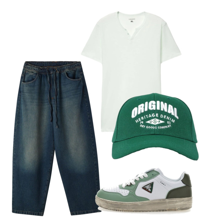 Outfit uomo - Giugno. Stile Casual per Tutti i giorni. Abbinamento con cappelli con visiera, jeans, t-shirt, sneakers.