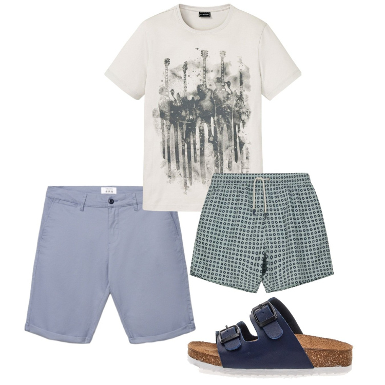 Outfit uomo - Mare di città. Stile Casual per Tutti i giorni. Abbinamento con t-shirt, shorts, costumi, sandali.
