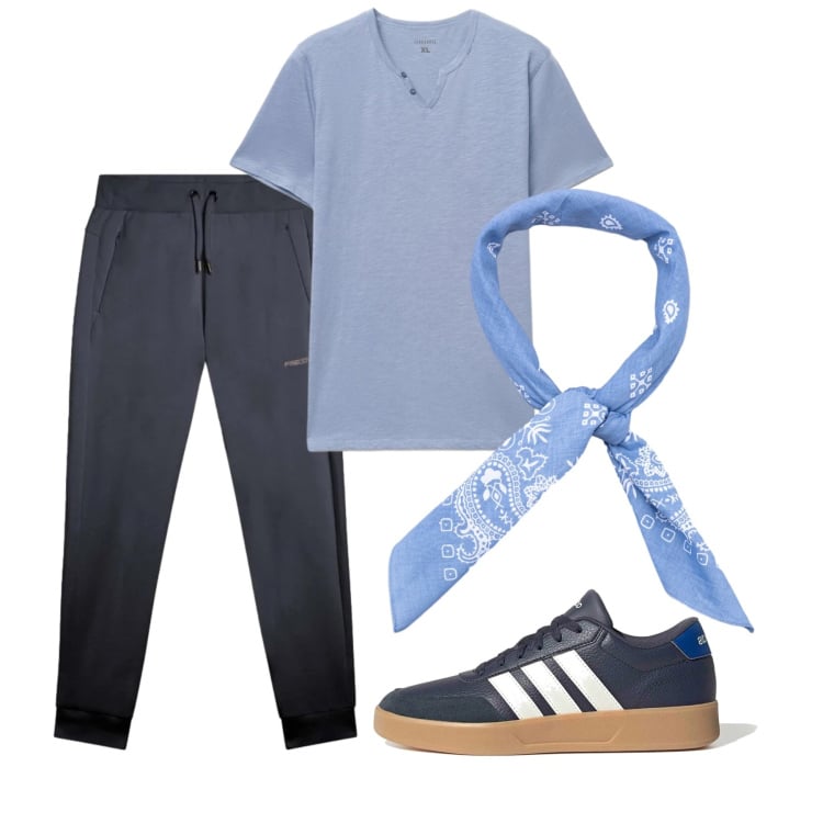 Outfit uomo - Ora spirtiva. Stile Casual per Sport. Abbinamento con t-shirt, pantaloni, sciarpe e foulard, sneakers.