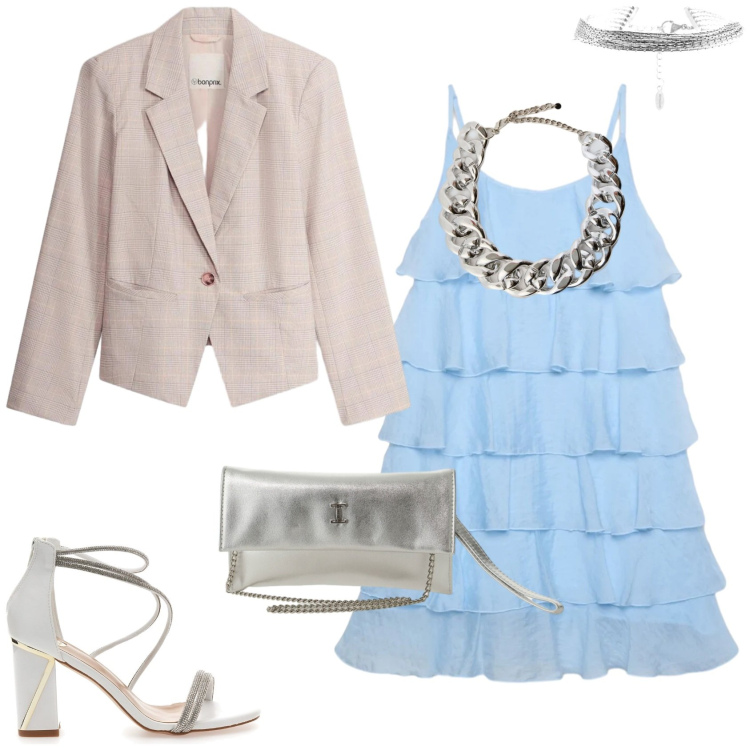 Outfit donna - Per una sera d\'estate. Stile Trendy per Serata fuori. Abbinamento con blazer, vestiti corti, borse a tracolla, braccialetti, collane, sandali col tacco.