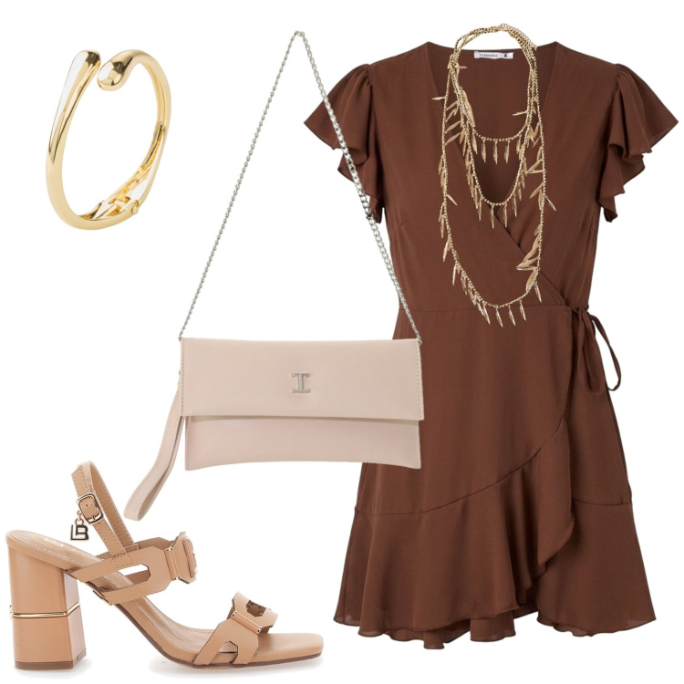 Outfit donna - Per un pomeriggio d\'estate. Stile Trendy per Tutti i giorni. Abbinamento con braccialetti, vestiti corti, collane, borse a tracolla, sandali col tacco.