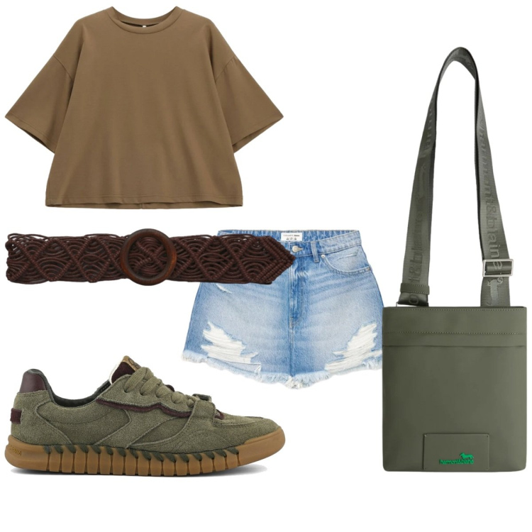 Outfit donna - Gita fuori porta. Stile Casual per Tutti i giorni. Abbinamento con cinture, shorts, t-shirt, borse a tracolla, sneakers.