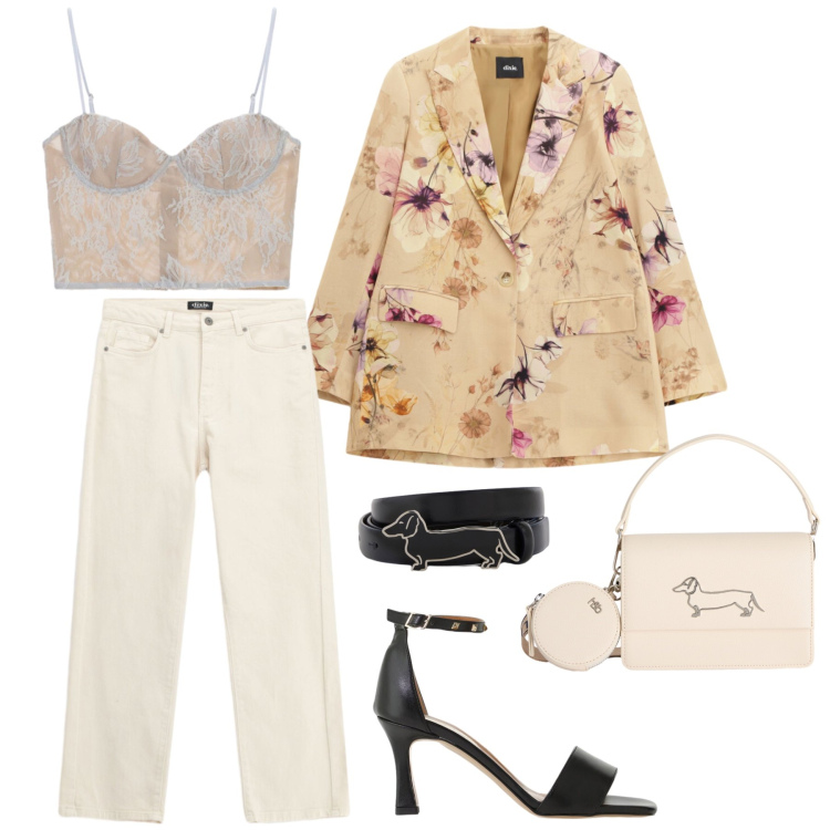 Outfit donna - Summer in the City. Stile Casual chic per Serata fuori. Abbinamento con canottiere, sandali col tacco, cinture, borse a tracolla, jeans dritti, blazer.