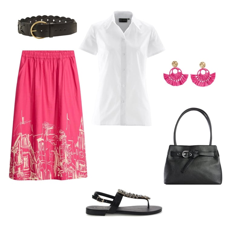 Outfit donna - Look da ufficio. Stile Basic per Ufficio. Abbinamento con gonne longuette, camicie a manica corta, borse a mano, orecchini, cinture, sandali gioiello.