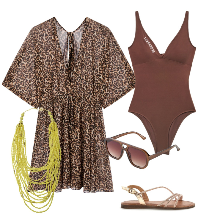 Outfit donna - Eleganza al sole. Stile Sexy per Mare. Abbinamento con occhiali da sole, vestiti da spiaggia, costumi interi, collane, sandali.