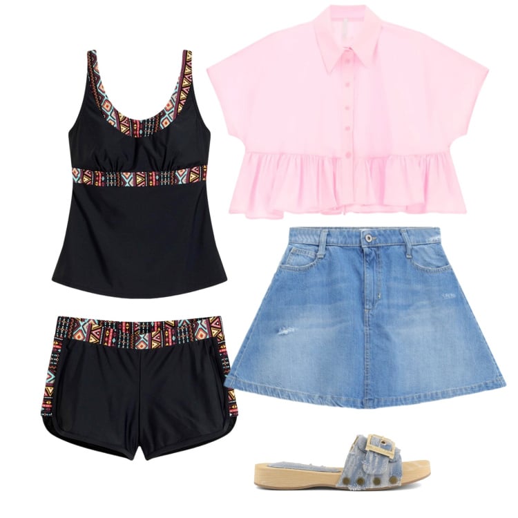 Outfit donna - Estate Pop. Stile Casual per Mare. Abbinamento con costumi interi, camicie a manica corta, minigonne, ciabatte.