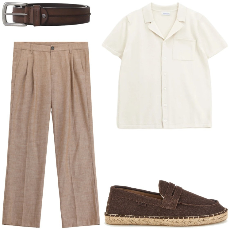 Outfit uomo - Dal bianco al marrone. Stile Trendy per Serata speciale. Abbinamento con camicie a manica corta, cinture, pantaloni, espadrillas.