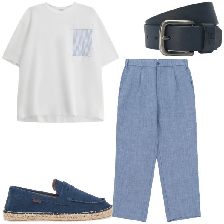Outfit uomo - Tesuti leggeri. Stile Trendy per Tutti i giorni. Abbinamento con t-shirt, pantaloni, cinture, espadrillas.