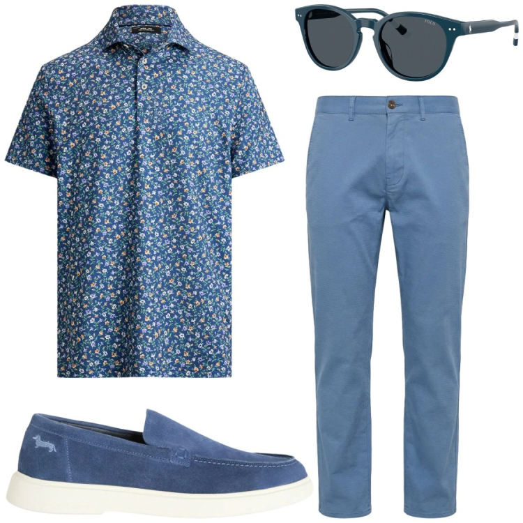 Outfit uomo - La polo leggera. Stile Trendy per Serata speciale. Abbinamento con pantaloni, scarpe stringate, polo, occhiali da sole.