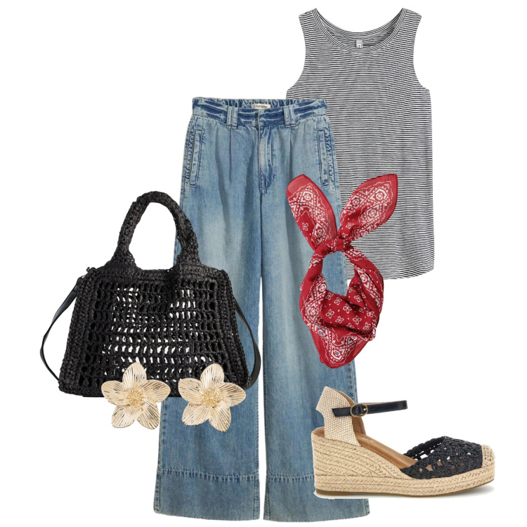 Outfit donna - Total look #2415166. Stile Casual per Tutti i giorni. Abbinamento con top, jeans, borse a tracolla, orecchini, foulard, zeppe.