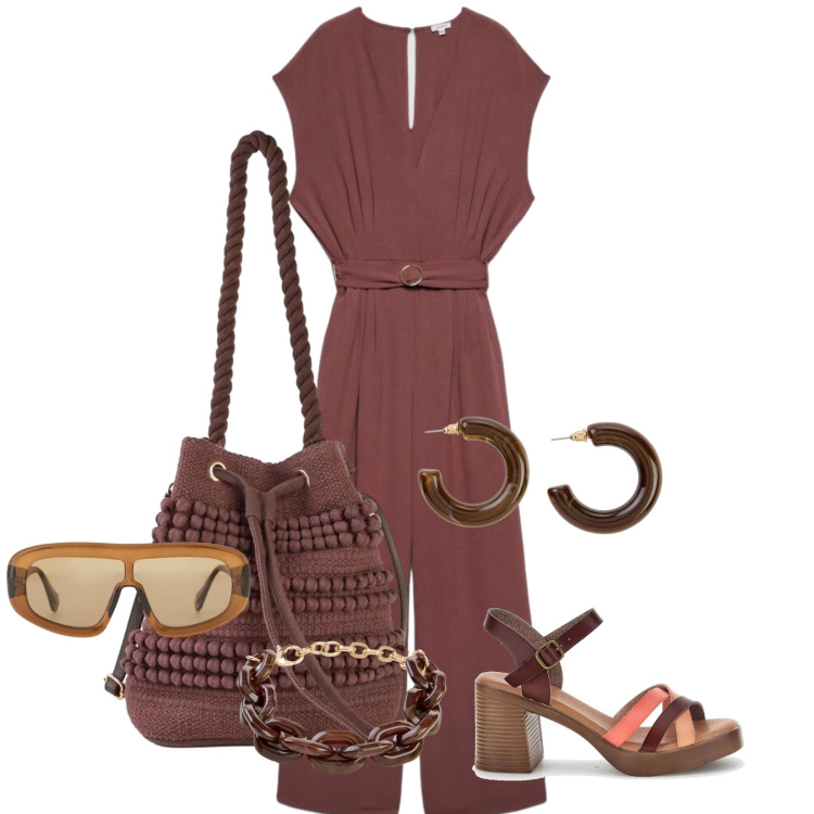 Outfit donna - Total look #2415167. Stile Casual chic per Serata fuori. Abbinamento con borse a secchiello, braccialetti, orecchini, tute, occhiali da sole, sandali col tacco.