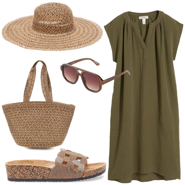 Outfit donna - Safari Chic. Stile Boho per Tutti i giorni. Abbinamento con vestiti corti, occhiali da sole, ciabatte, cappelli, borse a spalla.