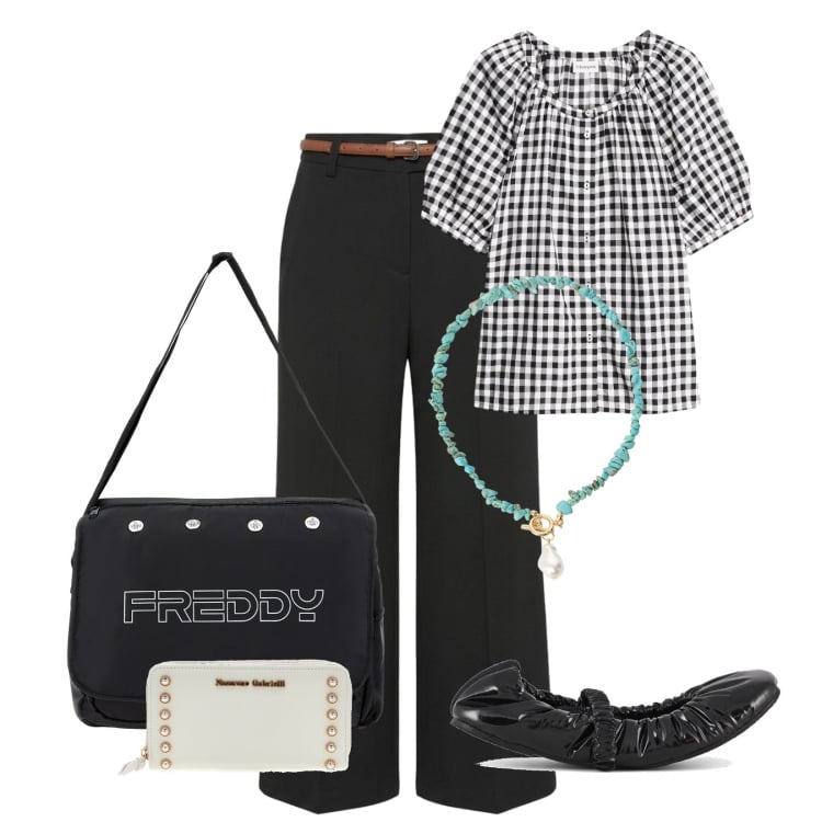 Outfit donna - Total look #2415169. Stile Casual per Serata fuori. Abbinamento con bluse, pantaloni, collane, borse messenger, ballerine, portafogli.