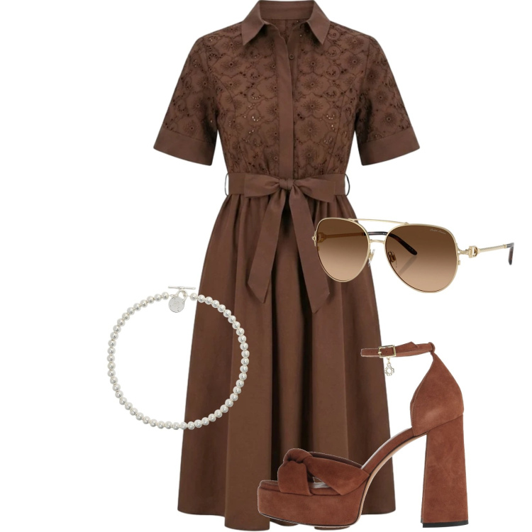 Outfit donna - Total look #2415172. Stile Casual chic per Serata fuori. Abbinamento con sandali in pelle, vestiti chemisier, occhiali da sole, collane.