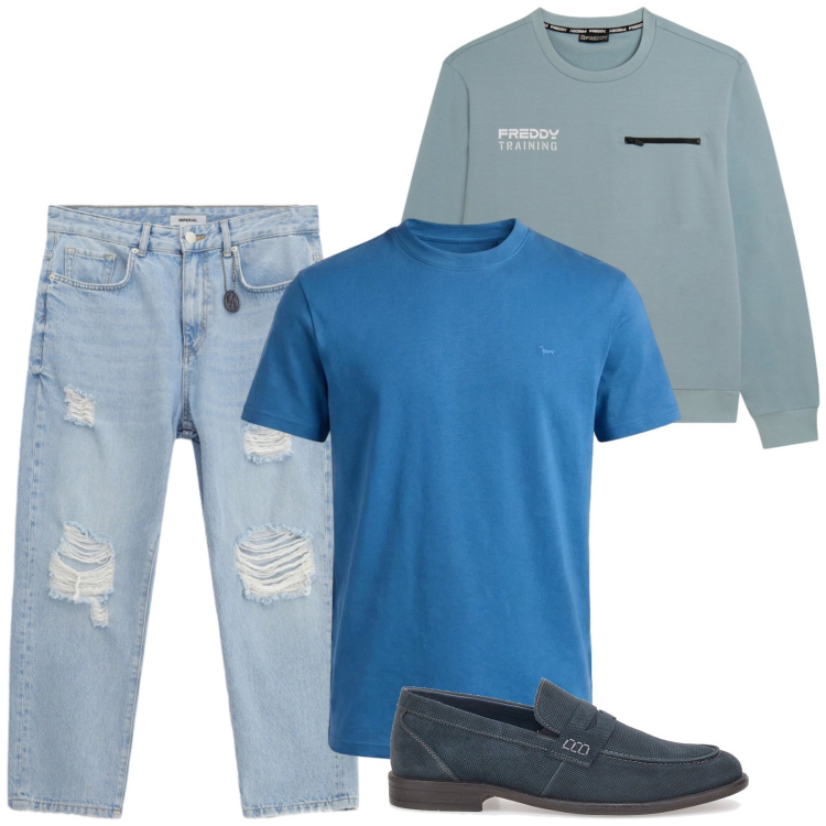 Outfit uomo - Total look #2415173. Stile Urban per Tutti i giorni. Abbinamento con jeans strappati, t-shirt, felpe, scarpe stringate.