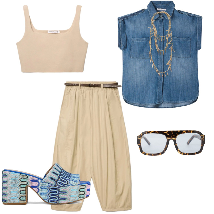 Outfit donna - Urban style estivo. Stile Urban per Ufficio. Abbinamento con camicie a manica corta, pantaloni, canottiere, collane, occhiali da sole, sabot.