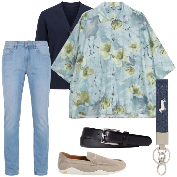 Outfit uomo - Total look #2415178. Stile Casual per Tutti i giorni. Abbinamento con camicie a manica corta, cardigans, portachiavi, jeans, scarpe stringate, cinture.
